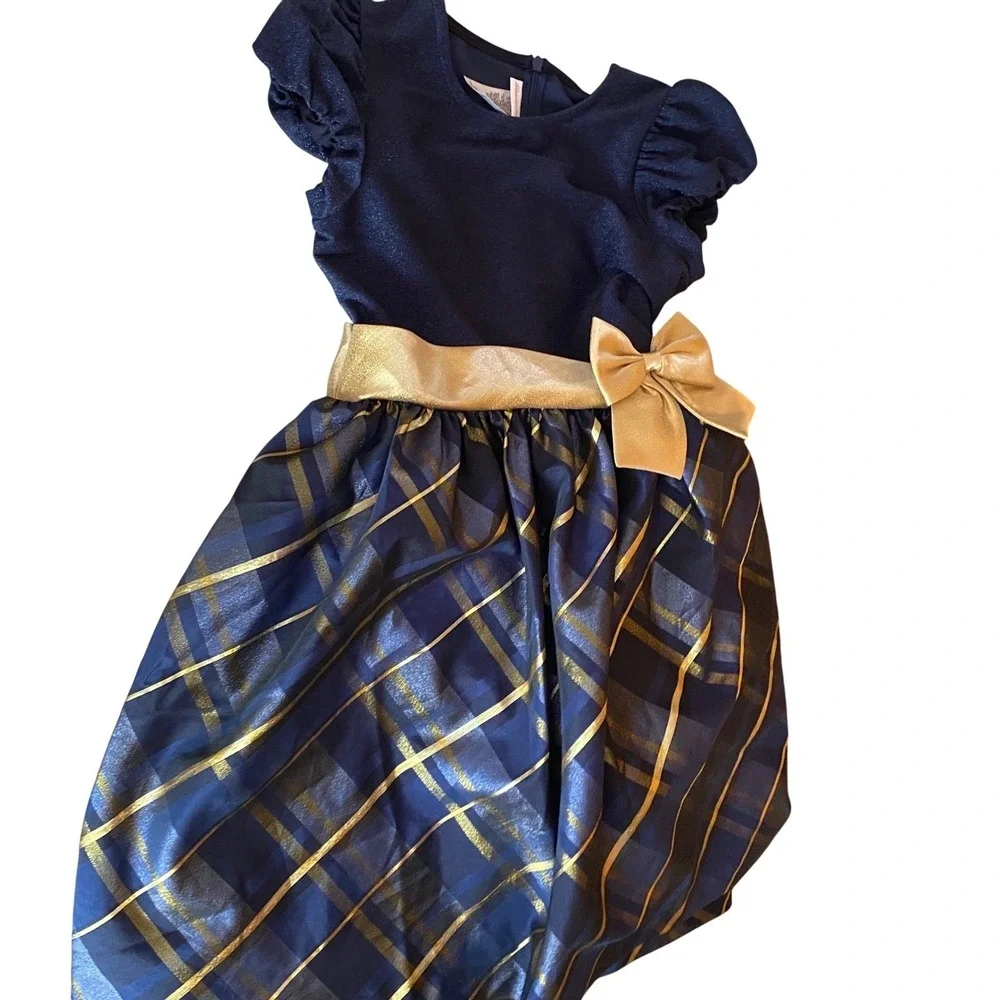 Bonnie Jean Girls 16 Navy Blue Gold Plaid Metallic Party Dress Bow Holiday